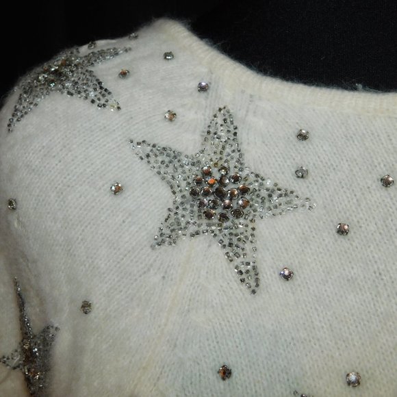 Adrienne Vittadini Lambswool & Angora Blend Sweater Rhinestone Stars Size Medium - Picture 7 of 12